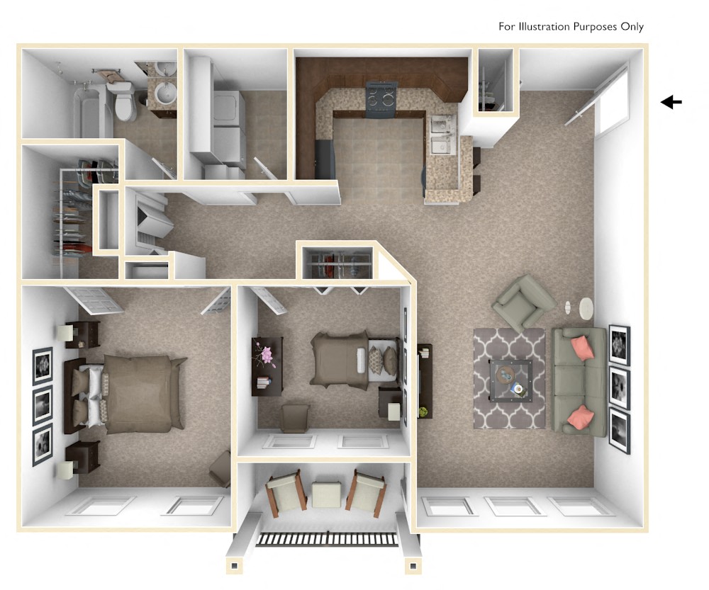 Floor plan for 2 beds, 1 bath, 985 sqft